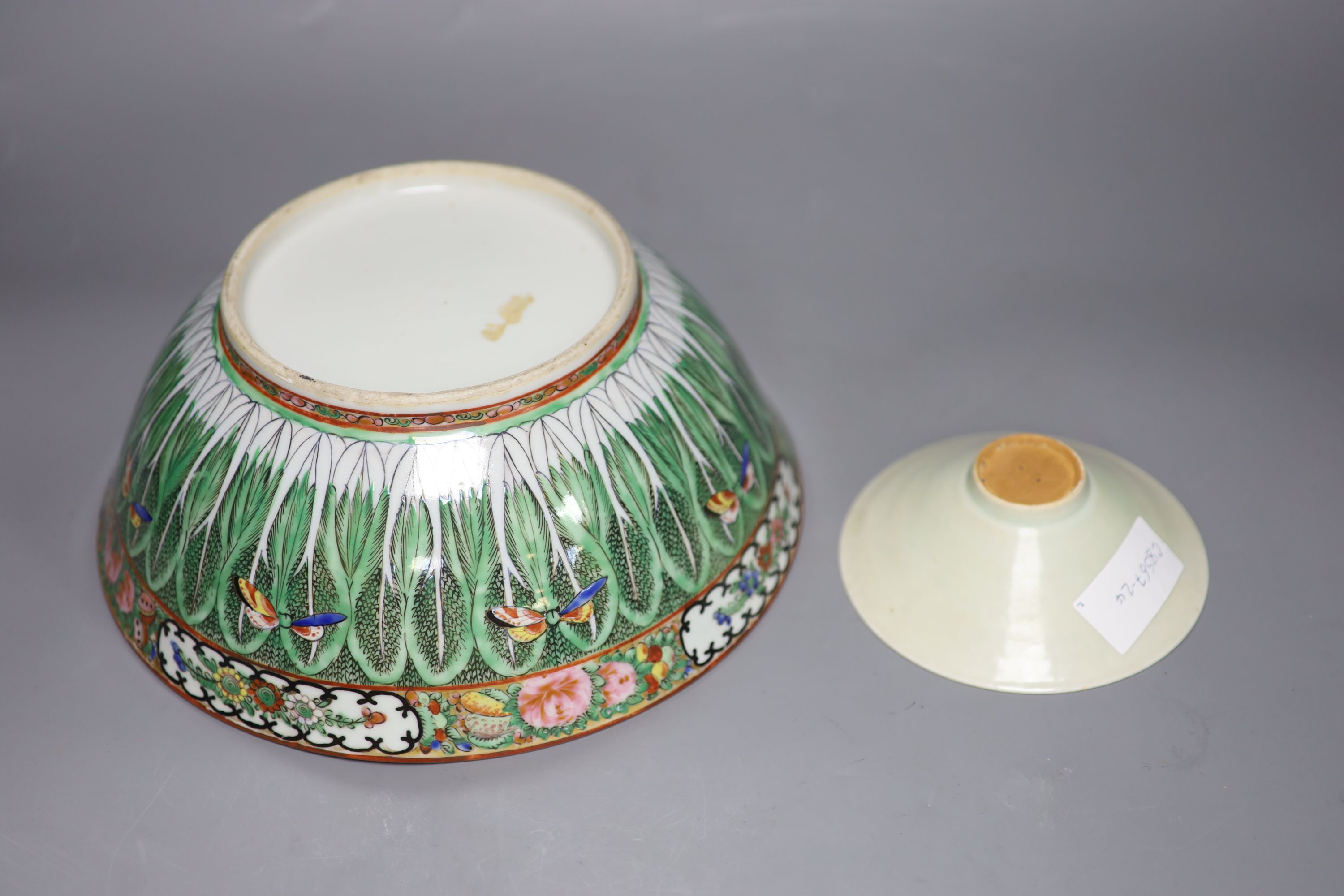 A Cantonese punch bowl together with a Qingbai style bowl, largest diameter 28cm